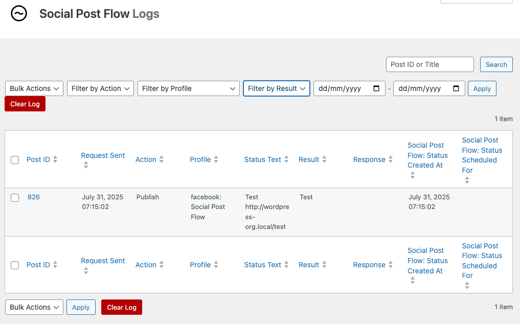 Social Post Flow: WordPress Plugin: Logs: Table