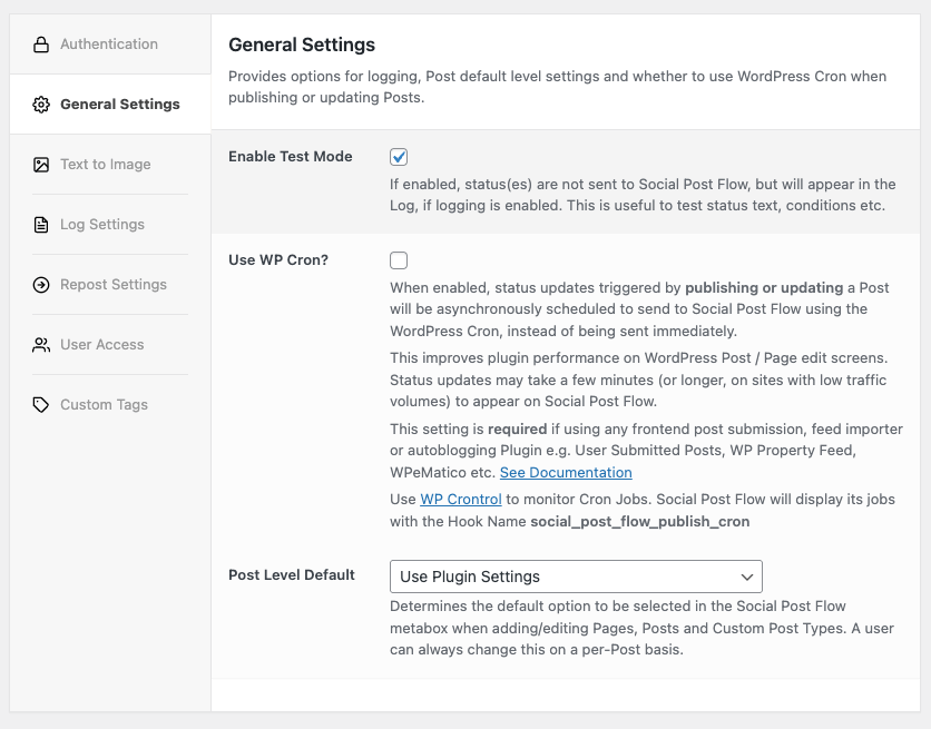 Social Post Flow: WordPress Plugin: General Settings