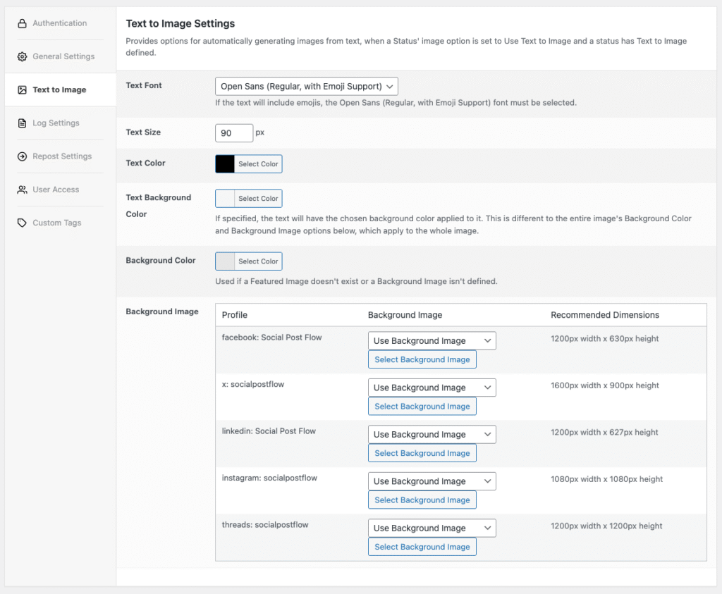 Social Post Flow: WordPress Plugin: Settings: Text to Image