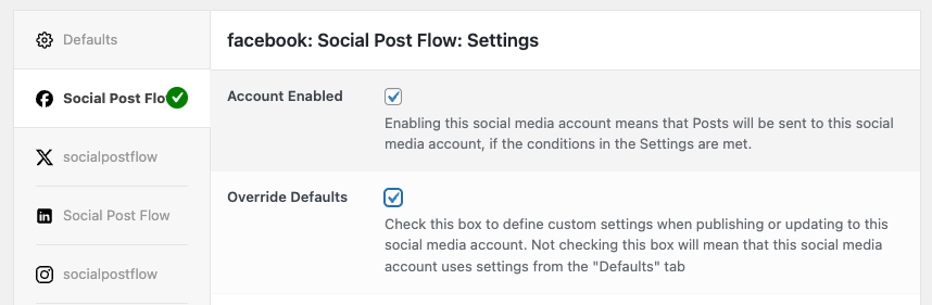 Social Post Flow: WordPress Plugin: Status Settings: Per-Profile Account Enabled + Override Defaults