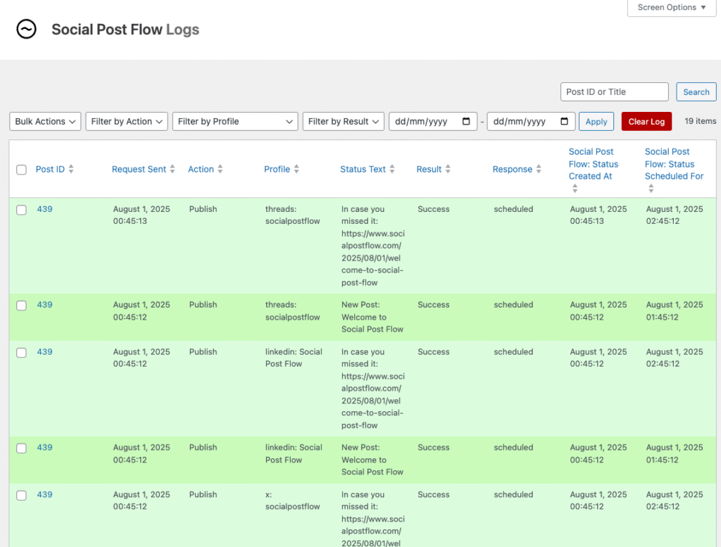 Social Post Flow: WordPress Plugin: Logs Screen