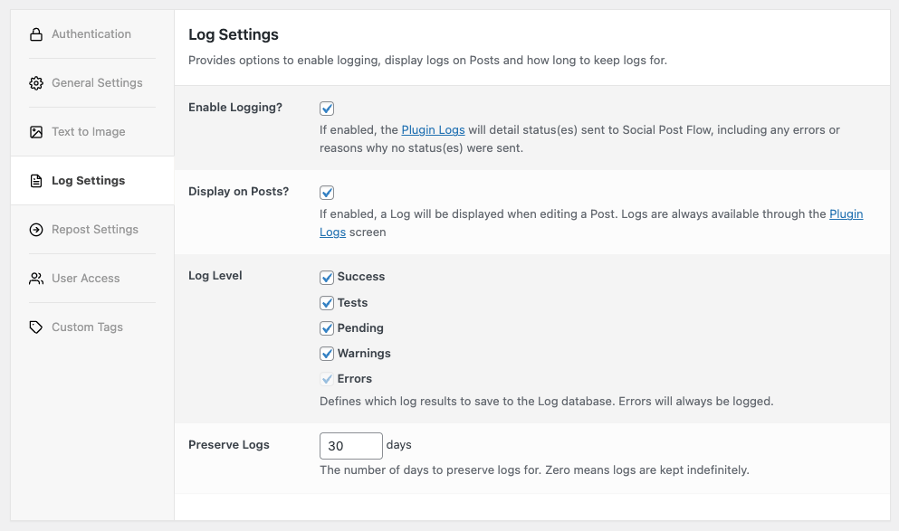 Social Post Flow: WordPress Plugin: Log Settings