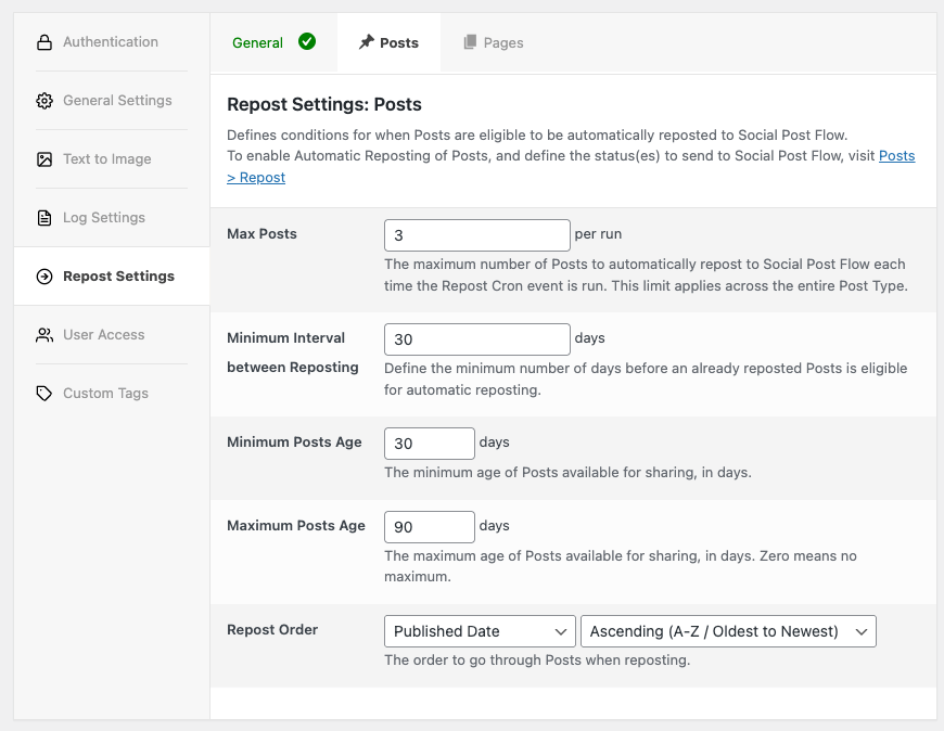 Social Post Flow: WordPress Plugin: Repost Settings: Posts