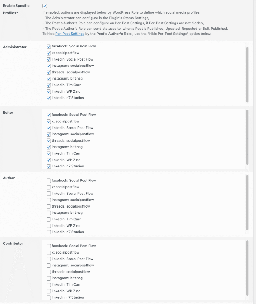 Social Post Flow: WordPress Plugin: User Access: Enable Specific Profiles for Administrators and Editors only