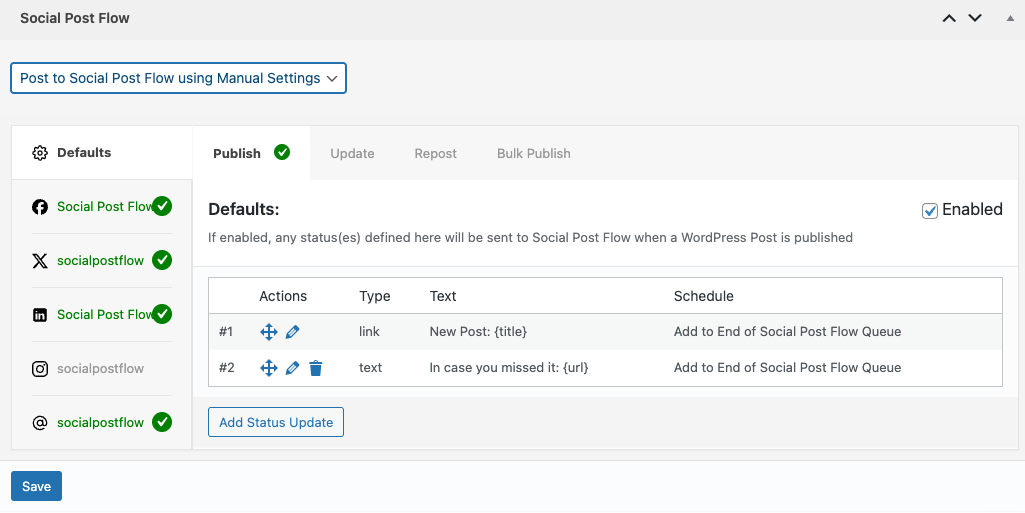 Social Post Flow: WordPress Plugin: User Access: Enable Specific Profiles: Post