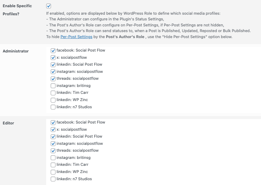 Social Post Flow: WordPress Plugin: User Access: Enable Specific Profiles