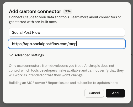 Social Post Flow: Claude: Connector: Add Custom Connector