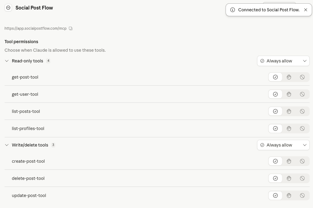 Social Post Flow: Claude: Connector: Tools