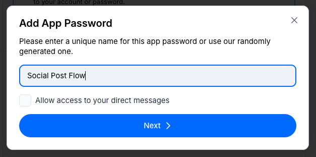 Social Post Flow: Connect Profiles: Bluesky: App Name
