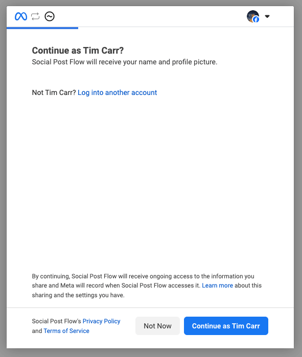 Social Post Flow: Connect Profiles: Facebook: Continue