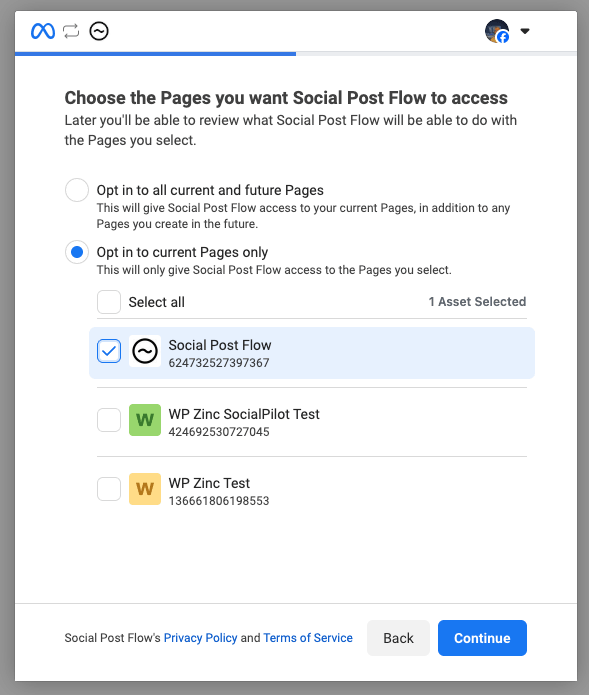 Social Post Flow: Connect Profiles: Facebook: Select Pages