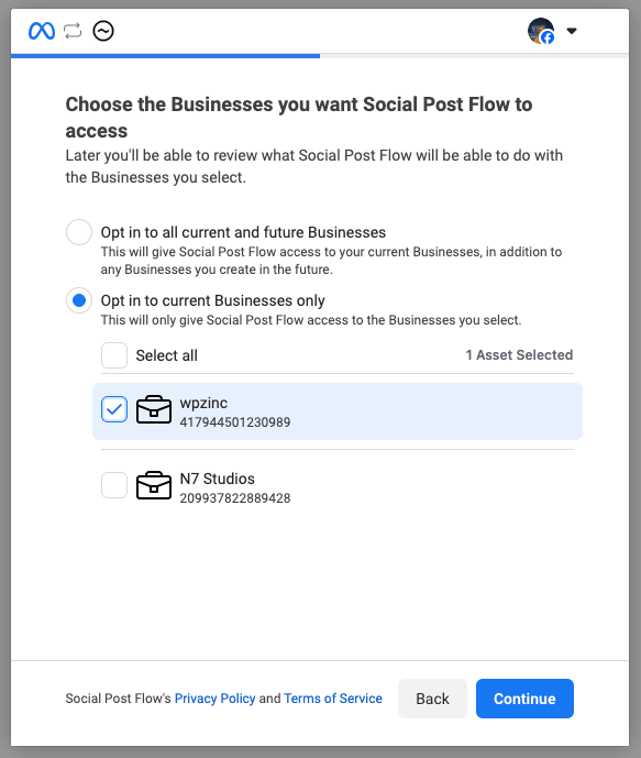 Social Post Flow: Connect Profiles: Facebook: Select Businesses