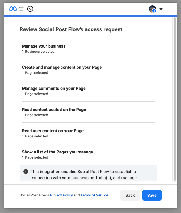 Social Post Flow: Connect Profiles: Facebook: Review Request