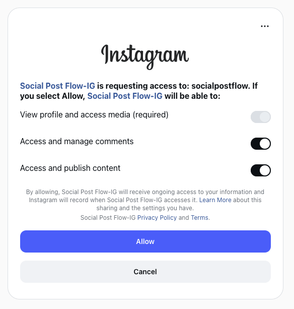 Social Post Flow: Connect Profiles: Instagram: OAuth Authorization