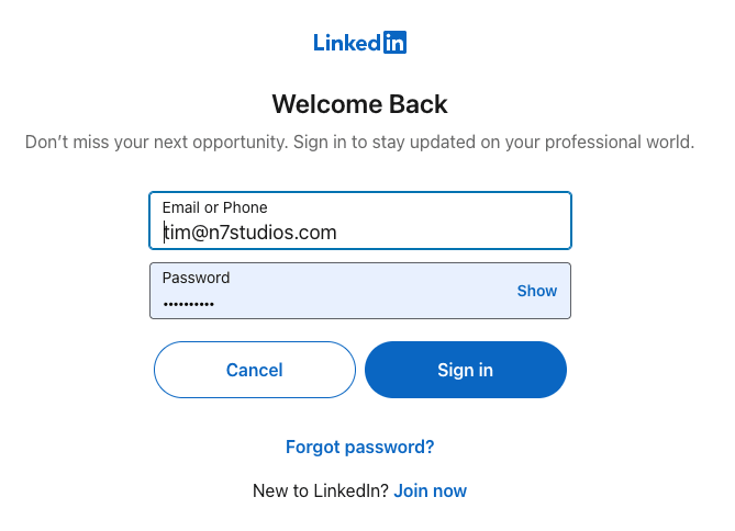 Social Post Flow: Connect Profiles: LinkedIn: Login