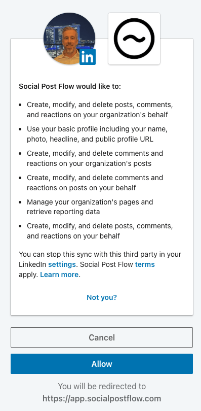 Social Post Flow: Connect Profiles: LinkedIn: OAuth Authorization