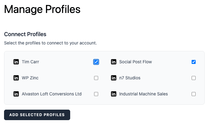 Social Post Flow: Connect Profiles: LinkedIn: Add Selected Profiles and Pages