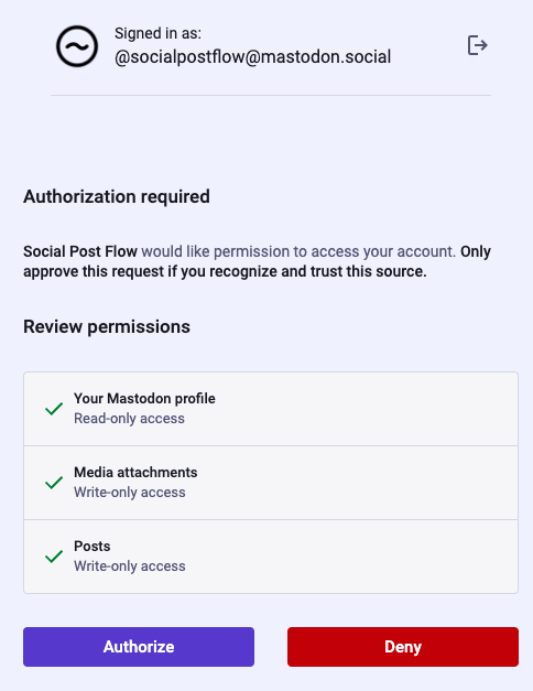 Social Post Flow: Connect Profiles: Mastodon: Authorization