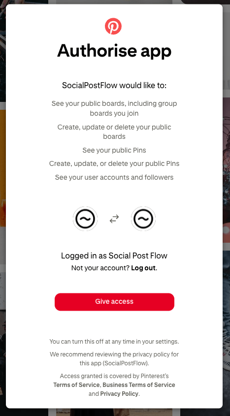 Social Post Flow: Connect Profiles: Pinterest: OAuth Screen