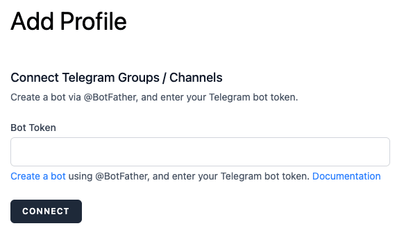 Social Post Flow: Connect Profile: Telegram: Bot Token