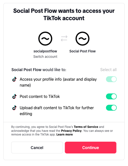 Social Post Flow: Connect Profiles: TikTok: OAuth Authorize