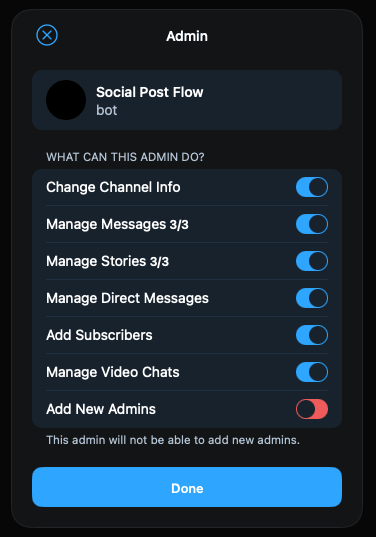 Telegram: Assign Bot to Channel: Bot Permissions