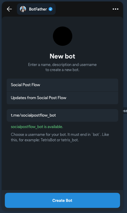Telegram: BotFather: Create New Bot: Filled Form