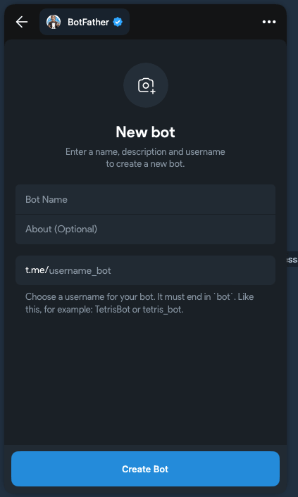 Telegram: BotFather: Create New Bot: Blank Form