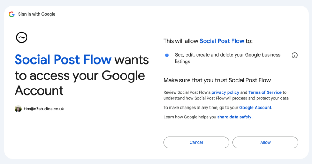 Social Post Flow: Connect Profiles: Google: OAuth Confirmation