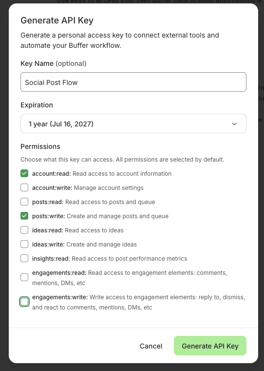 Social Post Flow: Connect Profiles: Buffer: Generate API Key