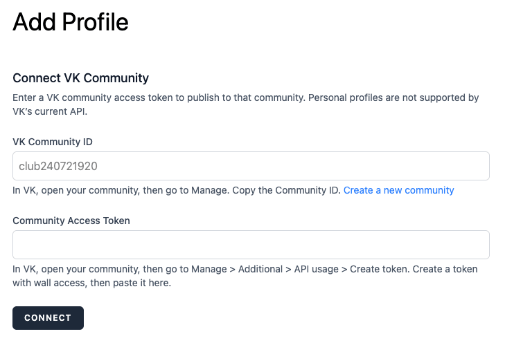 Social Post Flow: Connect Profiles: VK Community: Add Profile